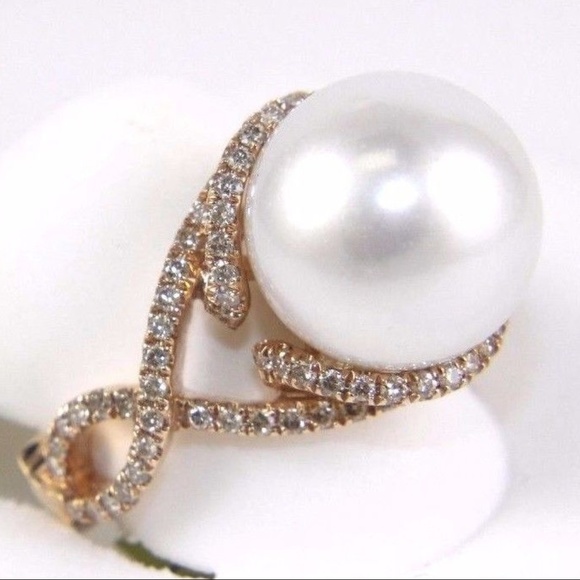 Pearl & Diamond Solitaire Ring 14k RG 13.5mm